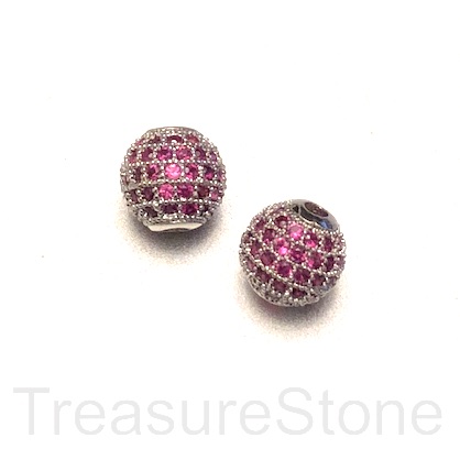 Pave bead, brass, 8mm round, silver, ruby CZ. Each