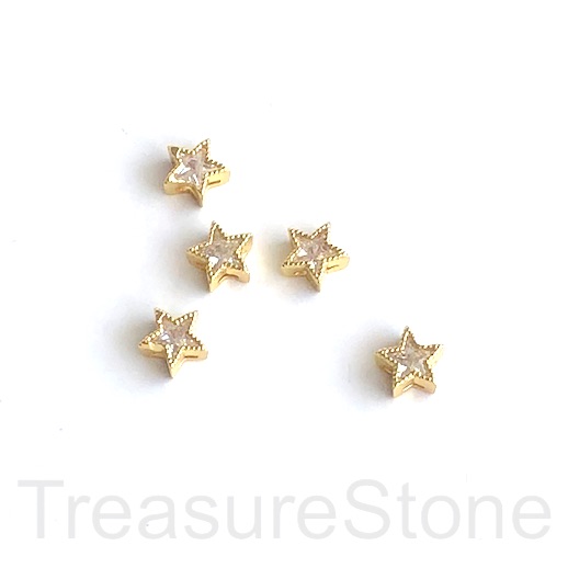 Pave Bead, brass, 7mm gold star, clear CZ. Ea - Click Image to Close