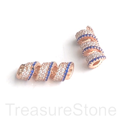 Pave Bead, 7x20mm swirl tube, rose gold plated brass, CZ. ea