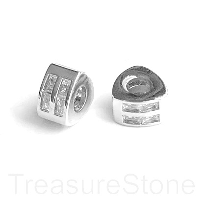 Pave Bead, silver, 6x9mm triangle tube, Brass,CZ, hole,4mm.Ea