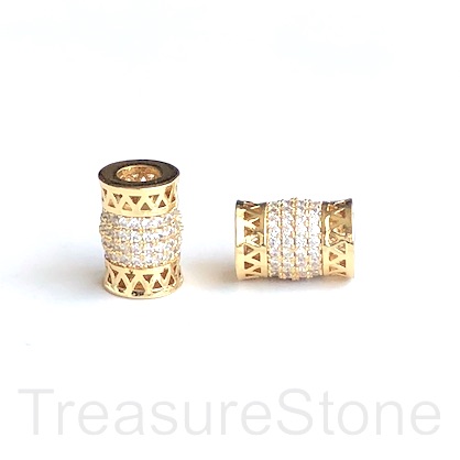 Pave Bead, brass, 8x11mm gold tube, clear CZ. Ea