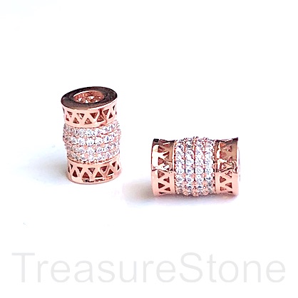 Pave Bead, brass, 8x11mm rose gold tube, clear CZ. Ea