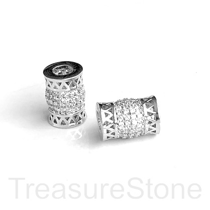 Pave Bead, brass, 8x11mm silver tube, clear CZ. Ea - Click Image to Close