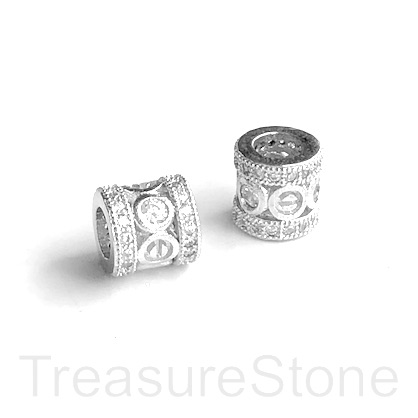 Pave Bead, silver, 8mm tube 5, Brass, CZ, hole, 5mm. Ea