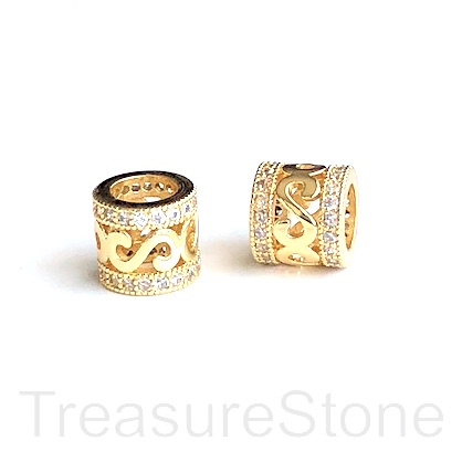 Pave Bead, brass, 7x8mm gold tube, clear CZ. Ea