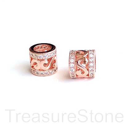 Pave Bead, brass, 7x8mm rose gold tube, clear CZ. Ea