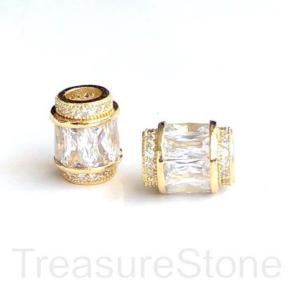 Pave Bead, brass, 9x12mm gold tube, clear CZ. Ea
