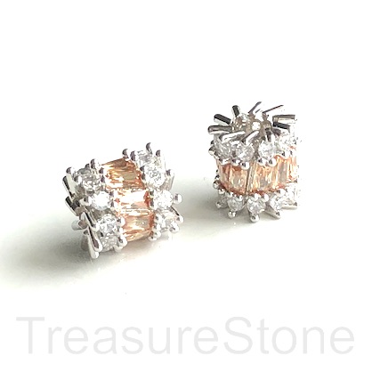 Pave Bead, 10mm tube, silver plated brass, champagne CZ. ea