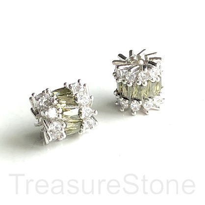 Pave Bead, 10mm tube, silver plated brass, olive green CZ. ea