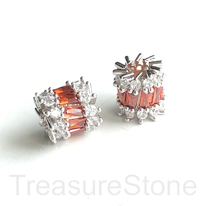 Pave Bead, 10mm tube, silver plated brass, orange CZ. ea - Click Image to Close