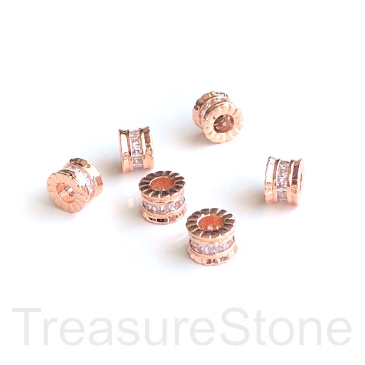 Pave Bead,brass,6x9mm tube,rose gold, clear CZ,large hole,4mm.Ea