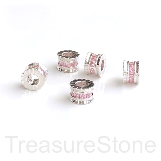 Pave Bead, brass, 6x9mm tube, silver, pink CZ,large hole,4mm.Ea
