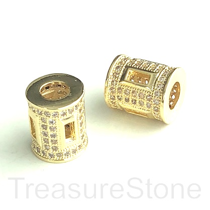 Pave Bead, 9x10mm tube, gold plated brass, CZ. ea