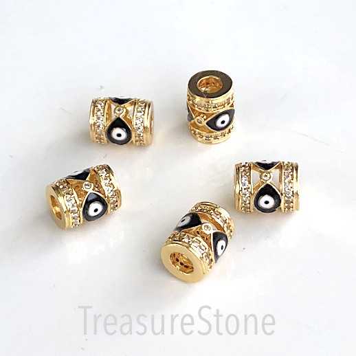 Pave Bead,brass,9x11.5mm tube,gold, evil eye,clear CZ.Ea - Click Image to Close