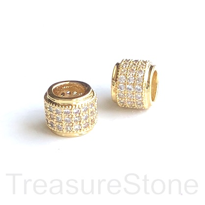 Pave Bead, 6x7mm tube, gold brass, clear CZ, hole, 4.5mm. ea