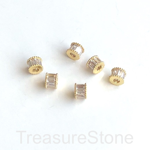 Pave Bead, brass, 6x8mm gold tube, clear CZ. Each