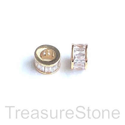 Pave Bead, brass, 5x9mm tube, gold, clear CZ,large hole, 4mm.Ea