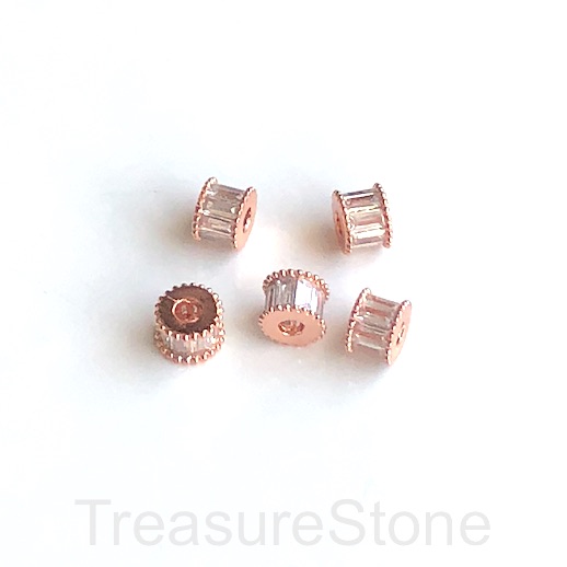 Pave Bead, brass, 6x8mm rose gold tube, clear CZ. Each