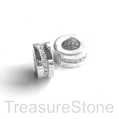 Pave Bead, brass, 11x4mm tube, silver, large hole, 5mm. Ea - Click Image to Close