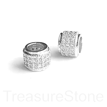 Pave Bead, 6x7mm tube, silver brass, clear CZ, hole, 4.5mm. ea