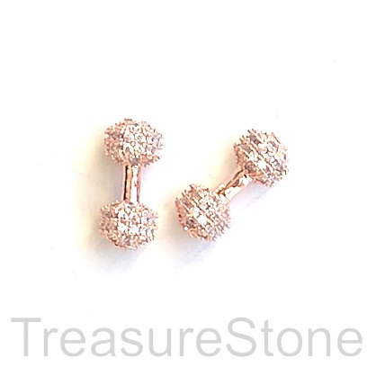 Bead,rose gold brass,clear CZ, 7x16mm Dumbbell,weight lifting.ea