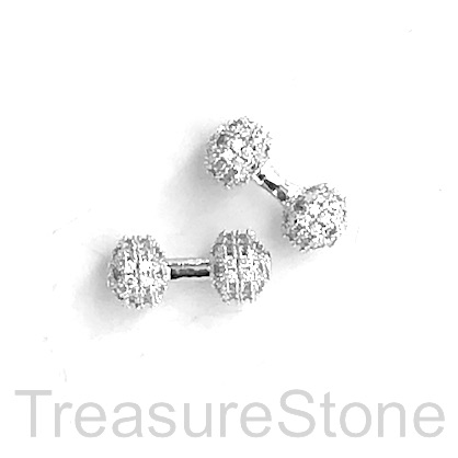 Bead,silver brass, clear CZ,7x16mm Dumbbell, weight lifting.ea