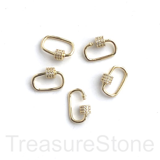 Pave Carabiner,screw clasp, brass, gold,clear CZ,10x15mm oval.Ea
