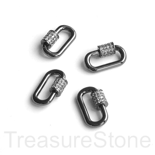 Pave Carabiner,screw clasp, brass,black,clear CZ,10x18mm oval.Ea