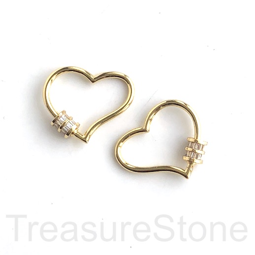 Pave Carabiner,screw clasp,brass,gold,clear CZ,21x26mm heart. Ea