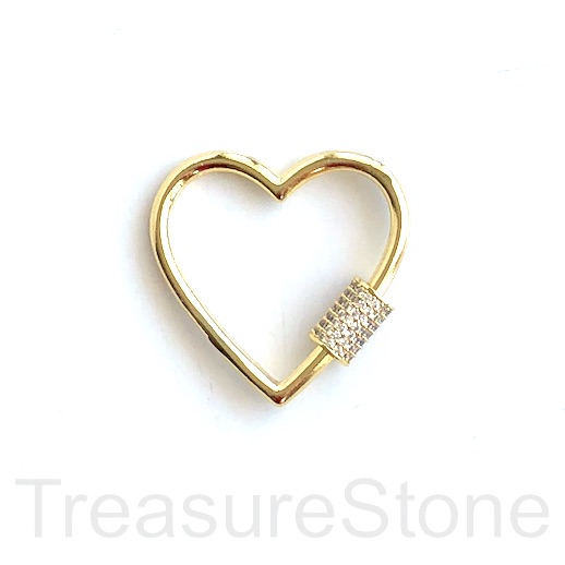 Pave Carabiner,screw clasp,brass, gold,clear CZ, 30mm heart. Ea