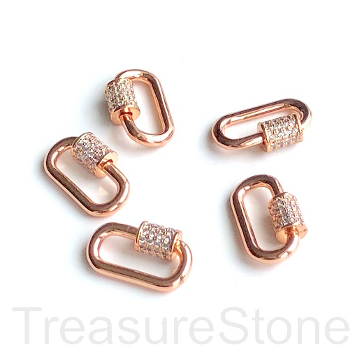Pave Carabiner, screw clasp, rose gold, clear CZ,10x18mm oval.Ea