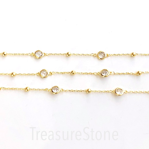 Pave chain, brass, gold, 6mm crystal with 3mm round. 1 meter