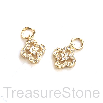 Charm, brass, rose gold, 9mm flower, Cubic Zirconia. Ea - Click Image to Close
