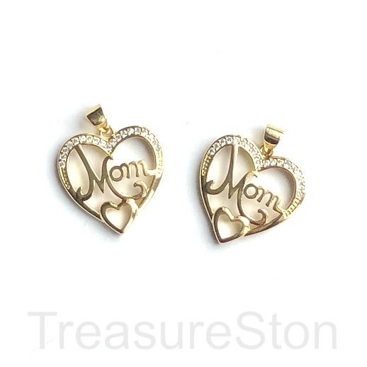 Pave Charm, pendant, 21mm gold heart, MOM, clear CZ.Ea