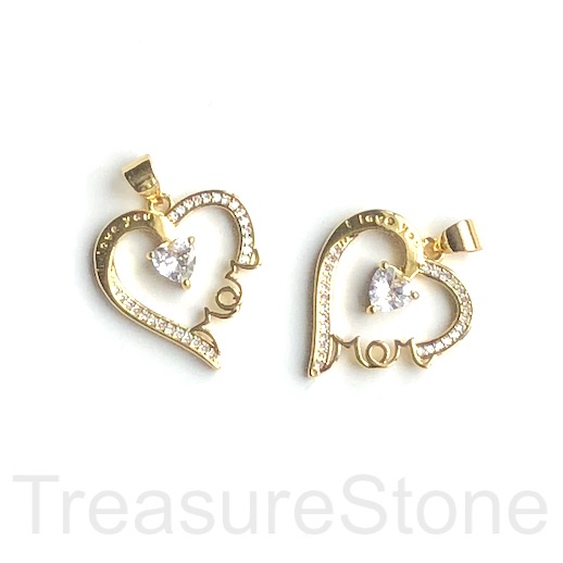 Pave Charm, pendant, 19mm gold heart, MOM, clear CZ.Ea