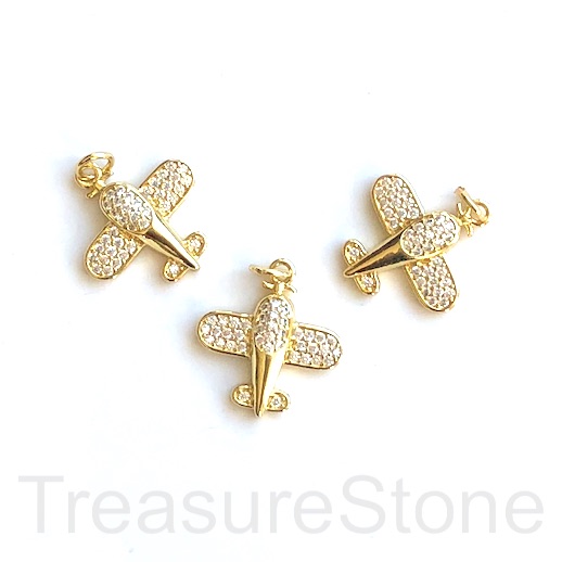 Pave charm Pendant, brass, 15x18mm gold airplane, clear CZ. Ea