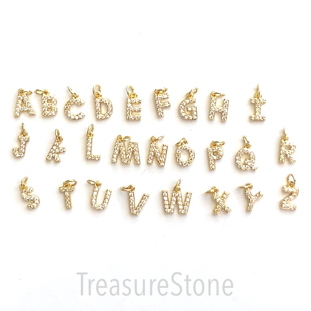Pave charm, alphabet, 8mm letter M, gold, clear CZ. Each