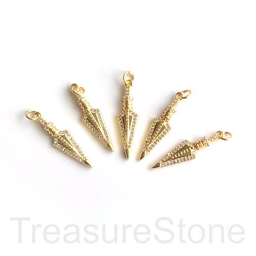 Pave Charm, brass, 8x29mm gold arrow head, clear CZ. Ea - Click Image to Close