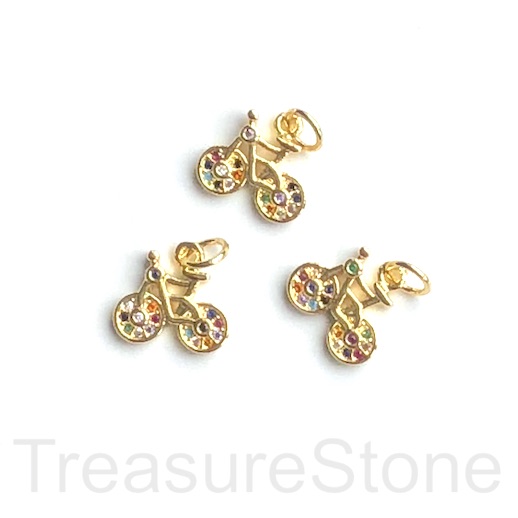 Charm, pave, 11mm gold, coloured bicycle, bike. Each