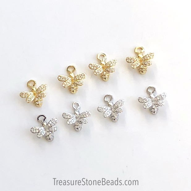 Pave Charm, brass, 12x13mm gold bumble bee, clear CZ. Ea