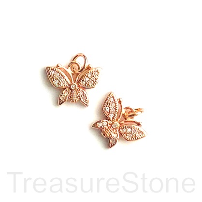 Charm, brass, 10x13mm rose gold butterfly, Cubic Zirconia. Each