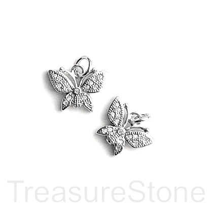 Charm, brass, 10x13mm silver butterfly, Cubic Zirconia. Each - Click Image to Close