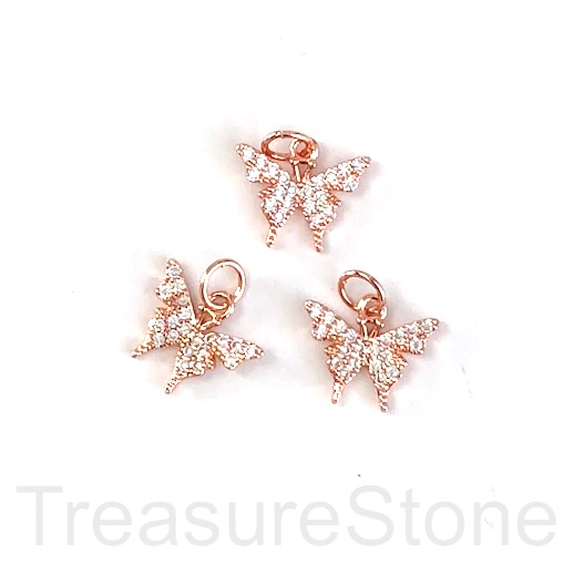 Charm, brass, 10x13mm rose gold butterfly 3, Cubic Zirconia. Ea