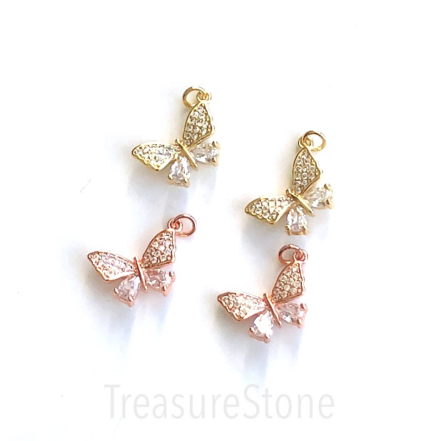 Pave Charm, brass, 10x14mm gold butterfly, clear CZ. Ea
