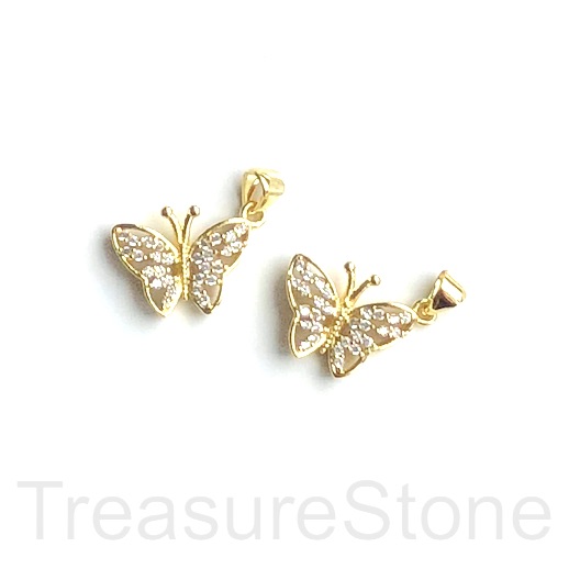 Pave Charm, pendant, 14x17mm gold butterfly, clear CZ.Ea