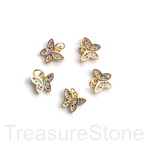 Pave Charm, 8x11mm butterfly, gold, colour CZ. Ea - Click Image to Close