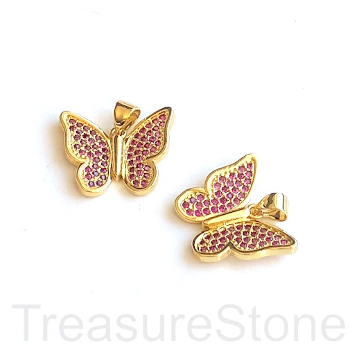 Pave Charm, Pendant, 15x19mm gold butterfly, ruby pink CZ. Ea