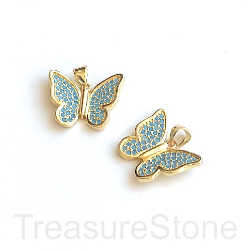 Pave Charm, Pendant, 15x19mm gold butterfly, turquoise CZ. Ea