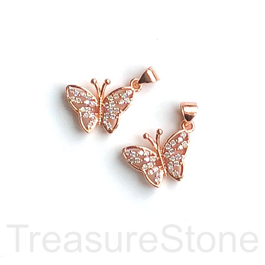 Pave Charm, pendant, 14x17mm rose gold butterfly, clear CZ.Ea