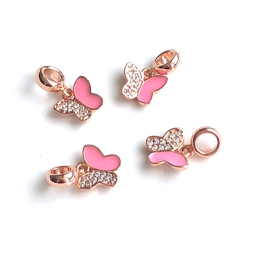 Pave charm, 10x12mm rose gold, pink butterfly, clear CZ.Ea
